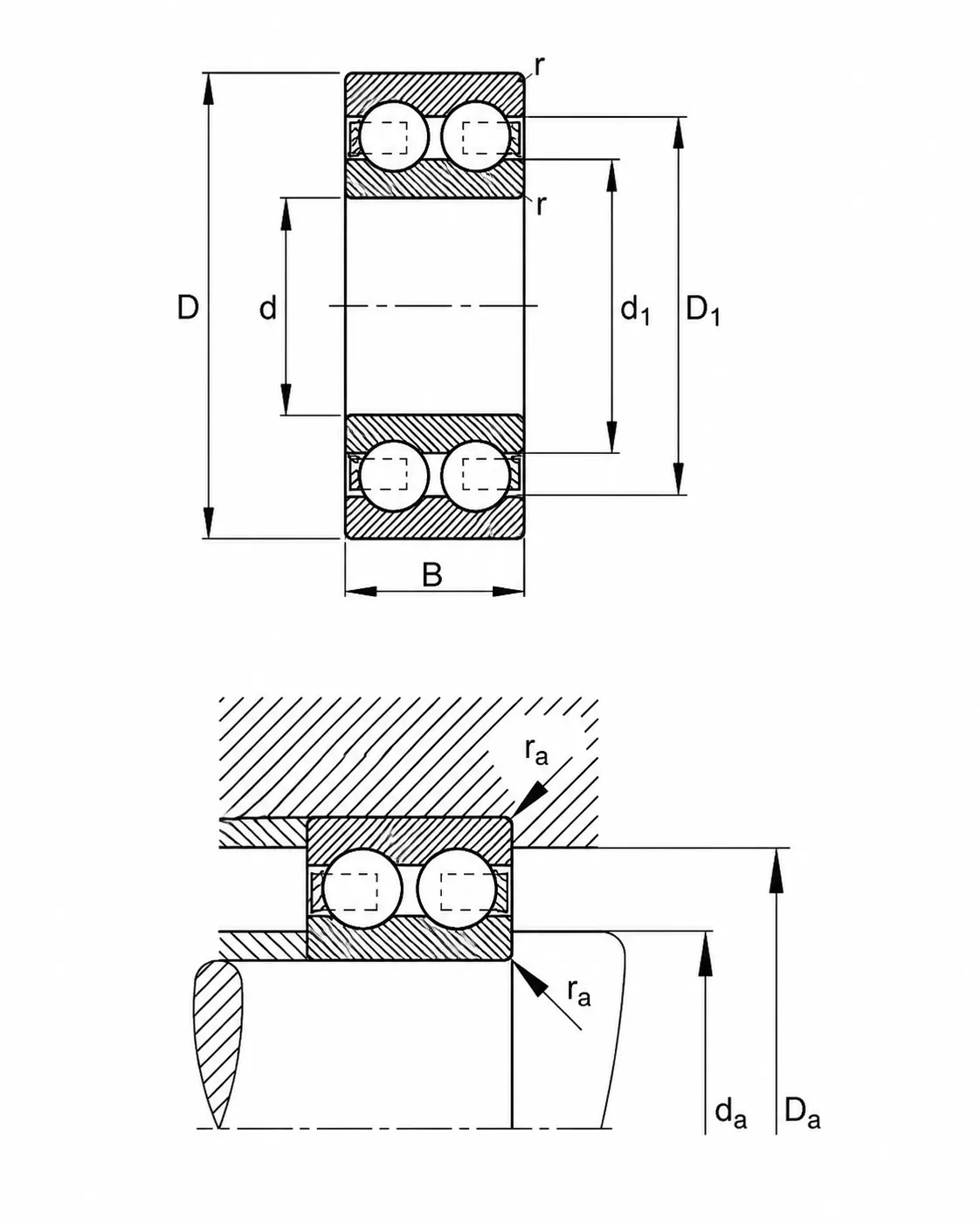 Double row deep groove ball bearing CAD dimensions