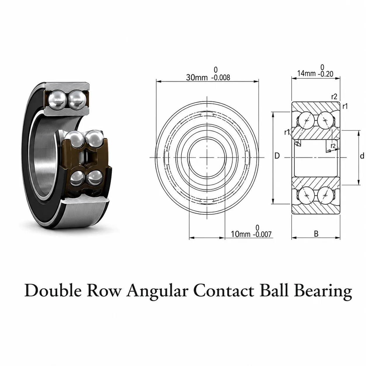 double row angular contact ball bearing structure and load direction diagram