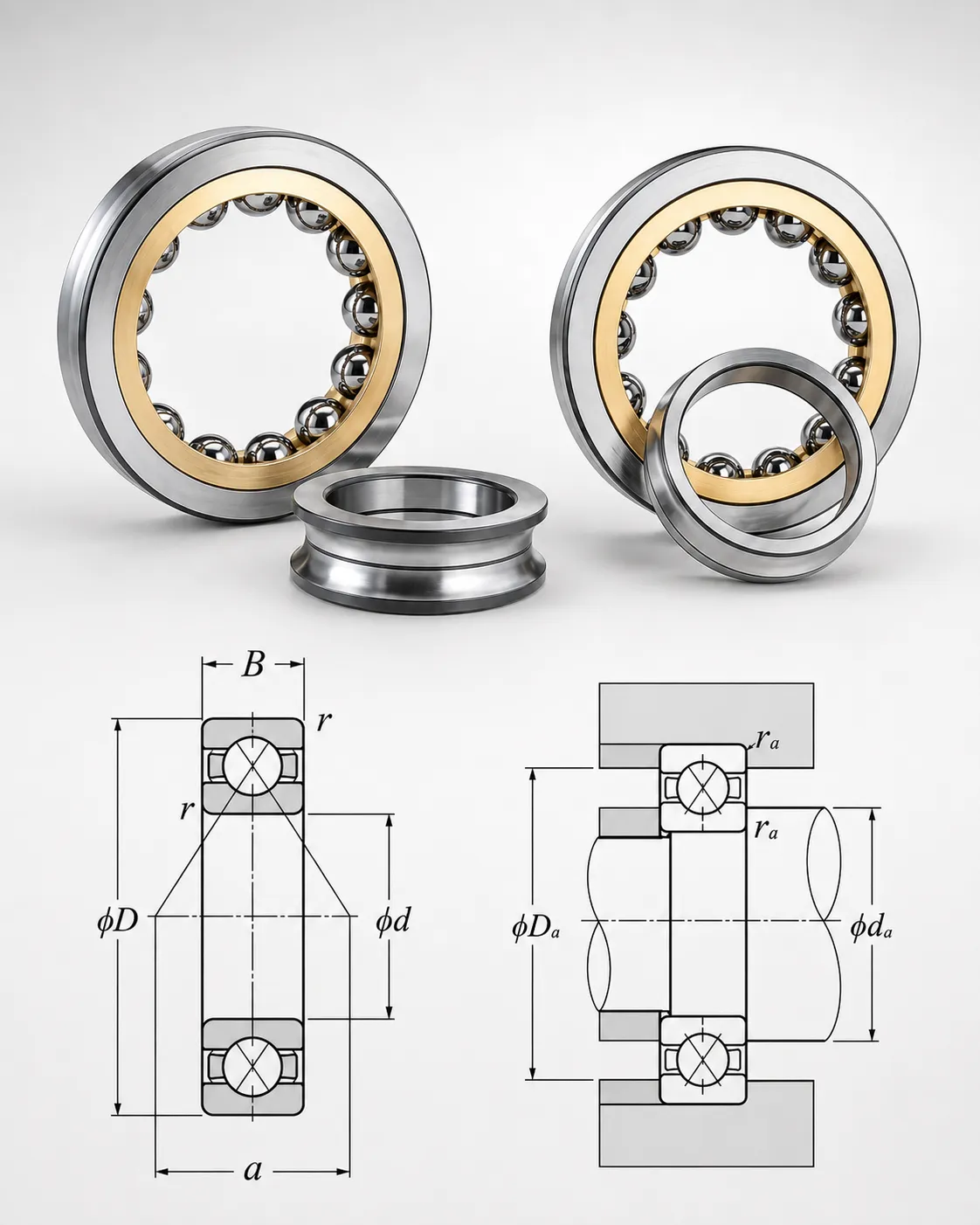 four point contact ball bearing structure and load direction diagram